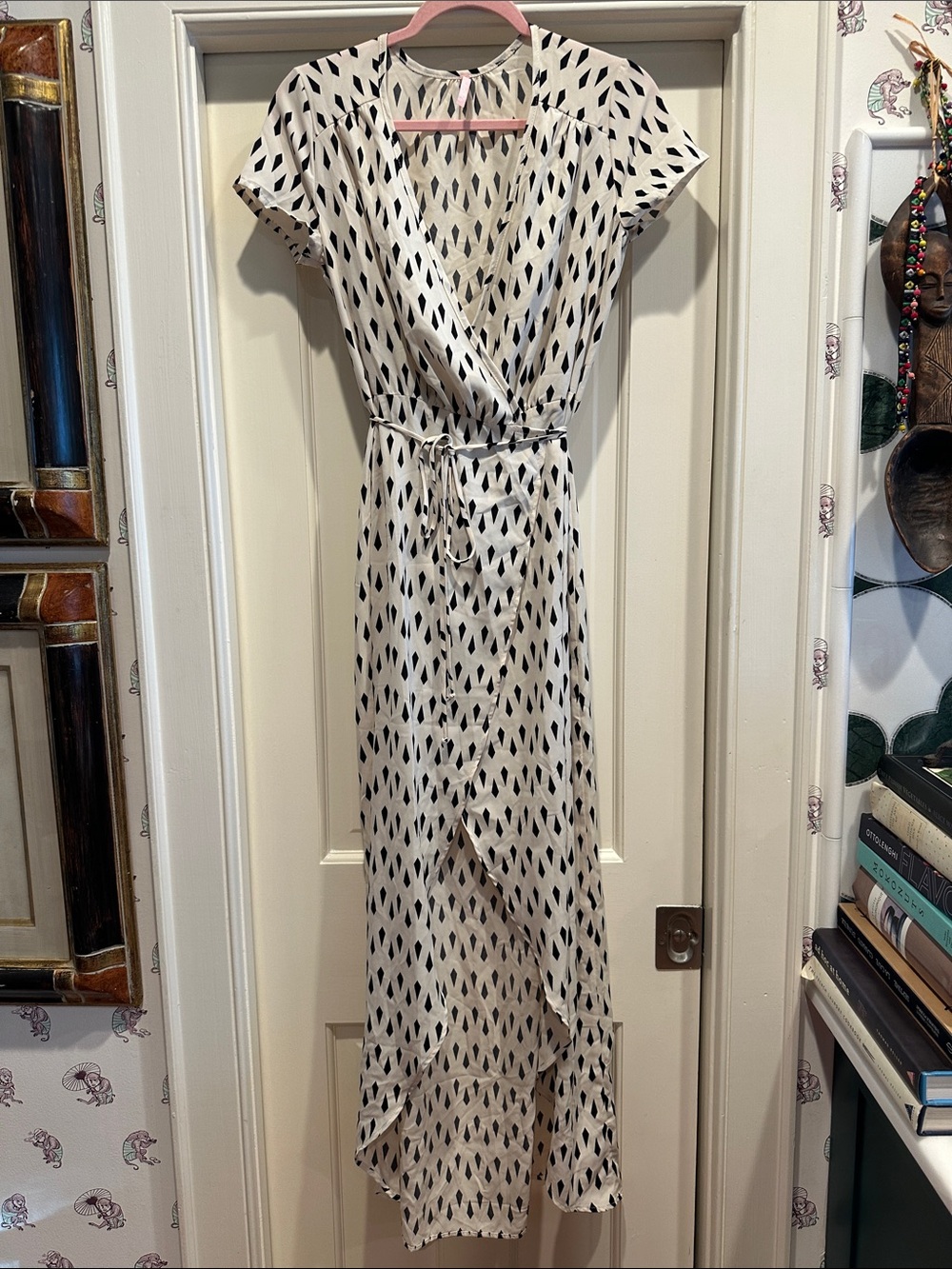 Lulu's Ivory Wrap Maxi Dress with Black Diamond Print
